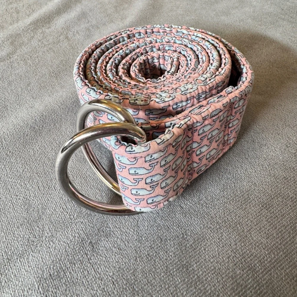 Vineyard Vines Mens Belt L Pink Whale Print D-Ring Cotton Preppy Coastal Unisex